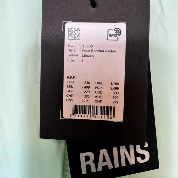 RAINS Fuse Bomber Jacket Large Color Mineral (Mint Green Like) New with Tags - Picture 3 of 7